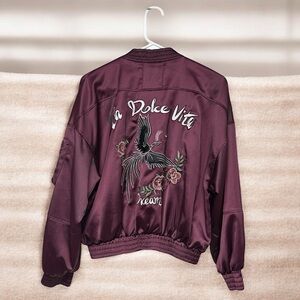 Vero Moda burgundy satin bomber jacket "La Dolce Vita Dream" embroidered bird L